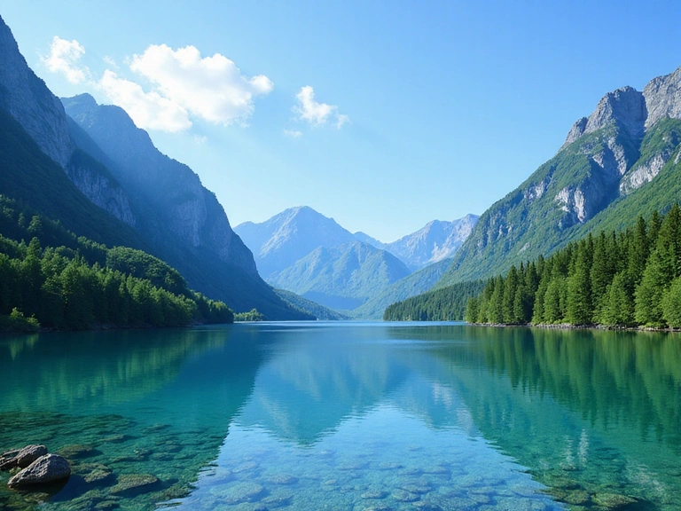A serene landscape with lush green mountains and a clear blue lake, symbolizing nature's purity and inspiration for health and wellness products.