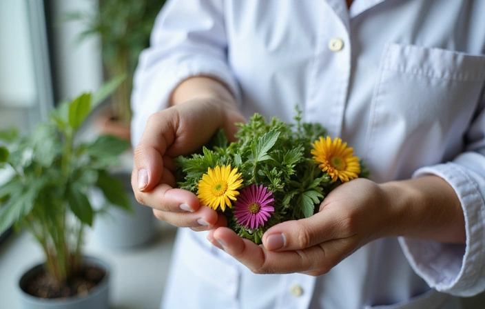 A close-up of hands carefully selecting natural botanical ingredients, with a blurred background of a modern laboratory, symbolizing the blend of natural sourcing and scientific development.