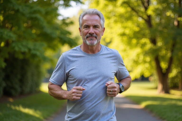 A man in his 40s jogging outdoors with a determined expression, symbolizing vitality and health.