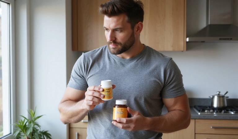 A healthy man looking at a bottle of supplements, emphasizing product safety and trust.