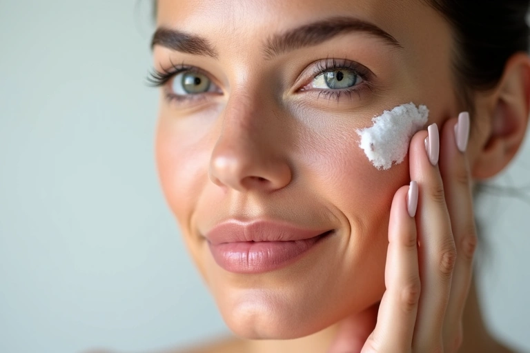 A woman applying a luxurious anti-aging cream to her face, with a soft, radiant glow, emphasizing natural beauty and healthy skin.