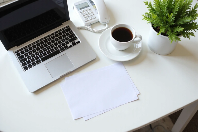 A clean, modern office desk with a laptop, phone, and a cup of coffee, symbolizing customer support and contact.