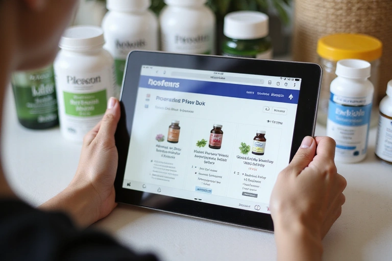 A person reviewing product information on a tablet, with various health product bottles in the background, symbolizing informed purchasing.