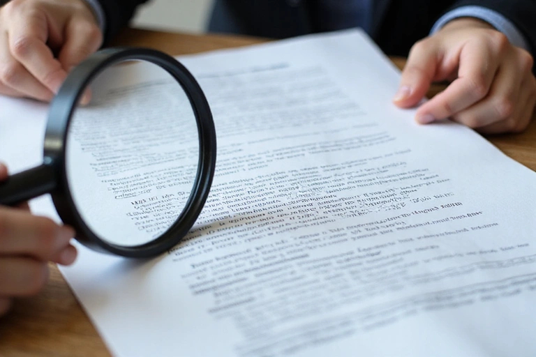 A person reading a legal document with a magnifying glass, symbolizing careful review of terms.